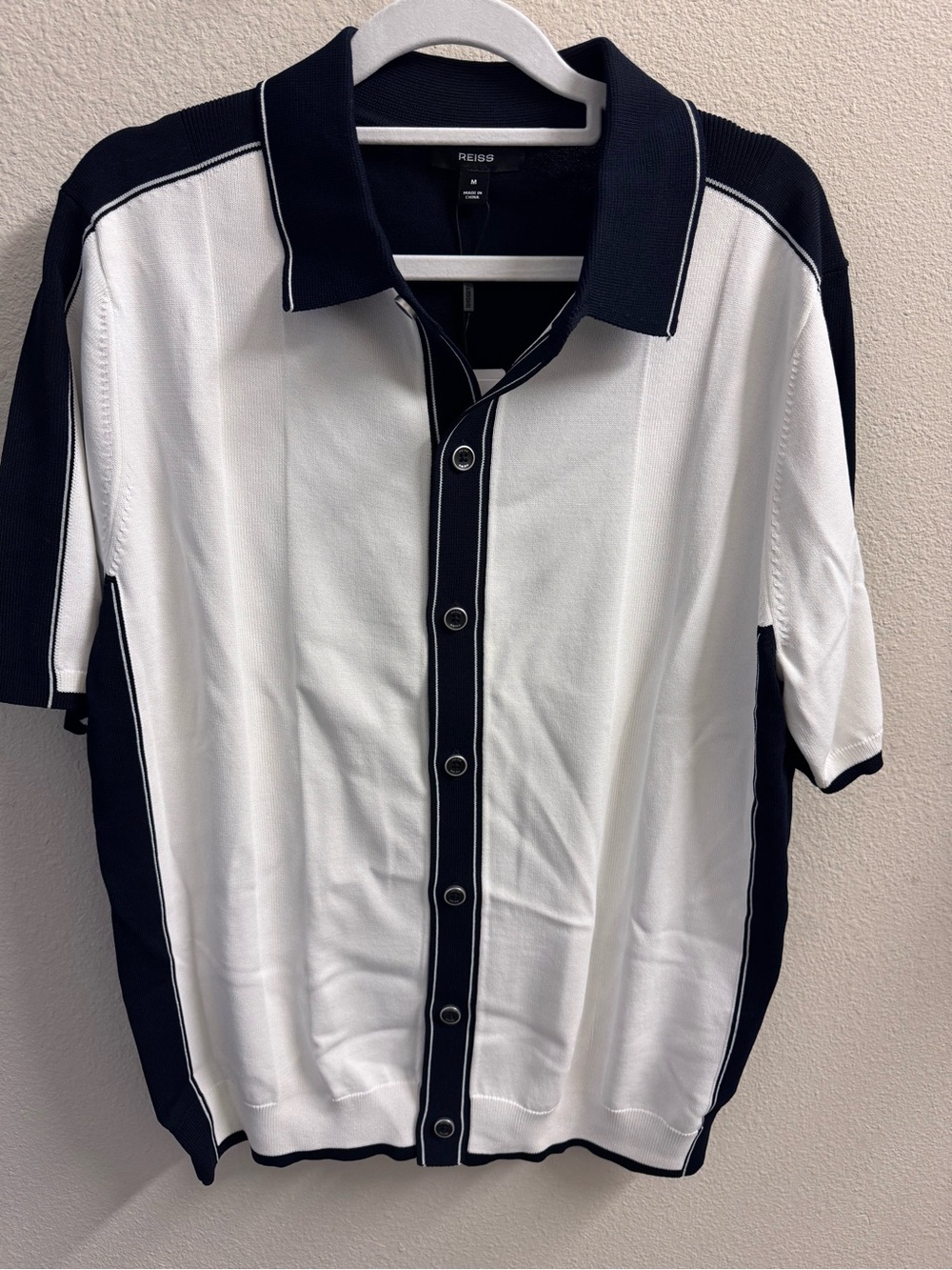 Reiss Men's White & Navy Short-Sleeve Button Polo Shirt